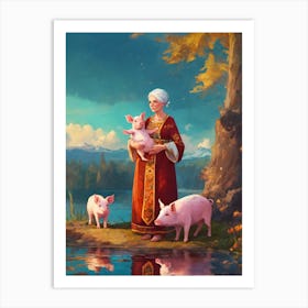 Old Lady With Pigs Art Print