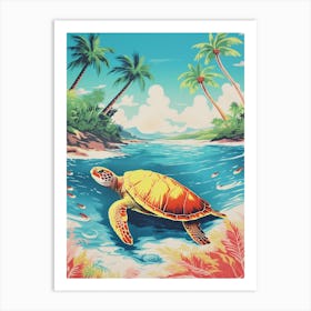 Sea Turtle On The Beach Risograph Style 1 Art Print