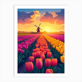 Tulip Field At Sunset Affiche