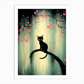 Black Cat On A Cherry Blossom Tree Art Print