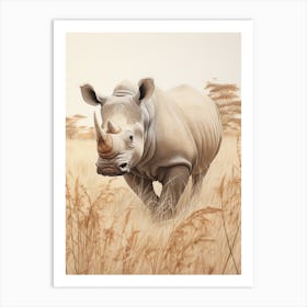 Vintage Rhino Illustration In The Grass 3 Art Print