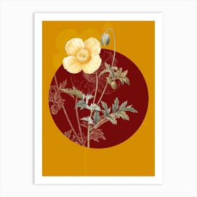 Vintage Botanical Welsh Poppy Meconopsis Cambrica on Circle Red on Yellow n.0105 Art Print