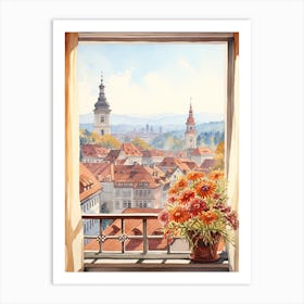 Window View Of Ljubljana Slovenia In Autumn Fall, Watercolour 3 Art Print