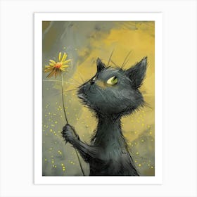 Black Cat With Flower Art Print