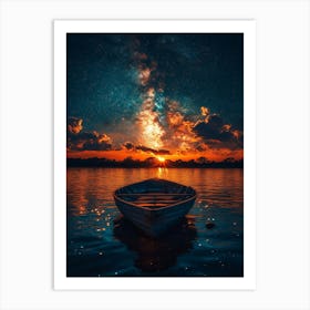 Boat In The Water At Sunset Art Print