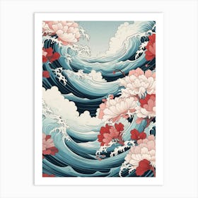 Great Wave With Lotus Flower Drawing In The Style Of Ukiyo E 2 Art Print
