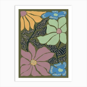 Boho Flowers On A Green Background Art Print