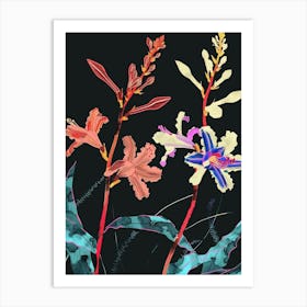 Neon Flowers On Black Coral Bells 2 Art Print