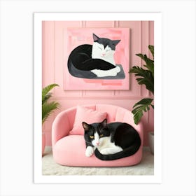 Cat On Pink Couch Art Print