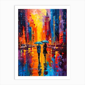 Two People Walking In The Rain Art Print