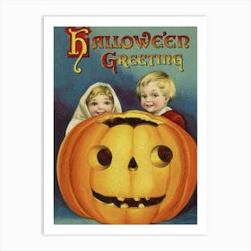 Boy And Girl Hiding Behind A Big Carved Pumpkin, With The Best Halloween Wishes Art Print