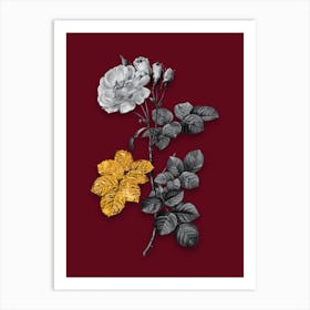 Vintage Damask Rose Black and White Gold Leaf Floral Art on Burgundy Red n.0137 Art Print