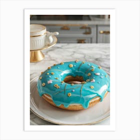 Turquoise Donut Embellished With Gold Trim And Adorned In Floral Patterns Positioned In A Surreal Art Print