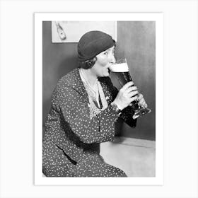 Woman Drinking Beer, Black and White Vintage Photo Art Print