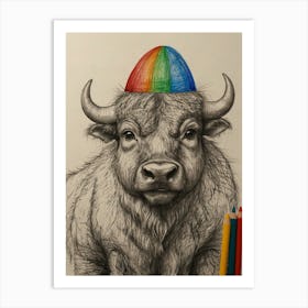 Bull With Rainbow Hat Art Print