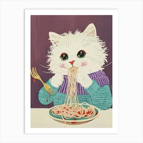 White Cat Pasta Lover Folk Illustration 3 Art Print