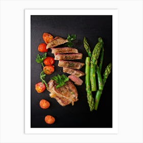 Juicy steak beef with spices, tomatoes, asparagus — Food kitchen poster/blackboard, photo art Art Print