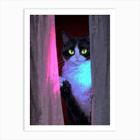 Cat Peeking Out Of Curtains Art Print