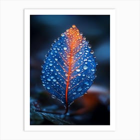 Blue Leaf With Water Droplets 10 Art Print