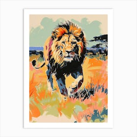 Asiatic Lion Hunting In The Savannah Fauvist Painting 4 Art Print