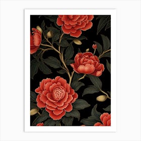 Camellia 3 William Morris Style Winter Florals Art Print