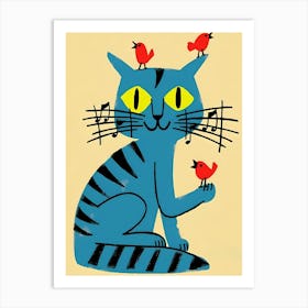 Blue Cat With Birds Art Print