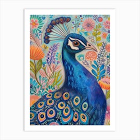 Colourful Folk Inspired Peacock Portrait 4 Art Print
