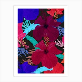 Cute Hibiscus And Tropical Leaves Vibrant Pattern Art Print
