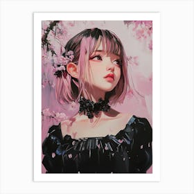 Anime Girl In Black Dress - under sakura Art Print