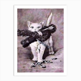 Christmas White Cat With Krampus Doll - Victorian Vintage German Illustration of Xmas Greeting Card Cat Playing With Bad Santa Toy Remastered HD Yule Art Print