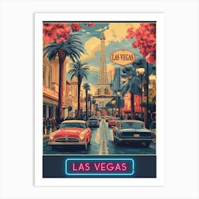 Las Vegas Cityscape with Eiffel Tower - Retro Poster Art Print