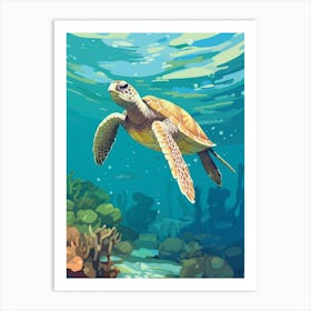 Block Colour Turtle Swimming Aqua 6 Art Print