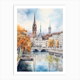 Zurich Switzerland In Autumn Fall, Watercolour 1 Art Print