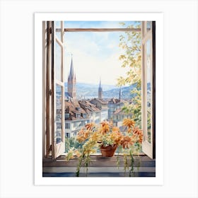 Window View Of Zurich Switzerland In Autumn Fall, Watercolour 1 Art Print