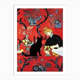 Henri Matisse Poster Print of Dessert - Harmony in Red 1908 in HD With Added Black Cat - Wonderful Printed Artwork Remastered Showing Original Texture High Resolution Vibrant Funny Cats Like Monet Art Print