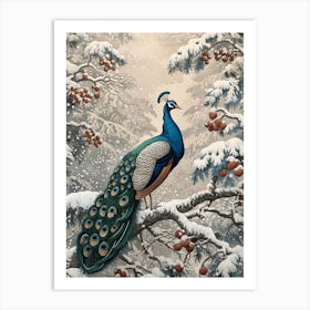 Peacock Snow Scene Vintage 1 Art Print