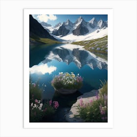 Alpine Glacier Lake Abloom With Alpine Flora Art Print