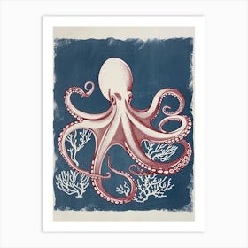 Retro Red Navy Octopus Linocut Style 1 Art Print