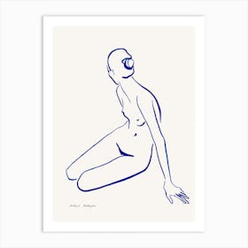 Minimal Blue Female Line Drawing Sitting Hand Art Print