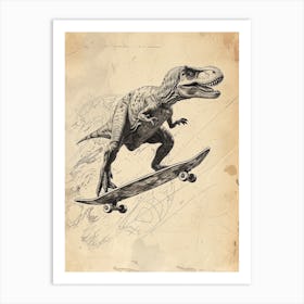 Vintage Deinonychus Dinosaur On A Skateboard   1 Art Print