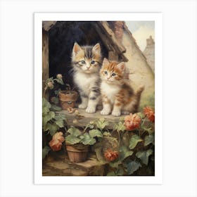 Cute Cats In Front Of A Medieval Cottage 1 Art Print