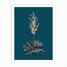 Vintage Adams Needle Black and White Gold Leaf Floral Art on Teal Blue n.0283 Art Print