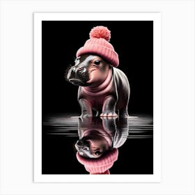 Baby Hippo in pink beanie hat 2 Art Print