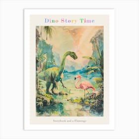 Storybook Painting Of A Dinosaur With A Flamingo Poster Art Print