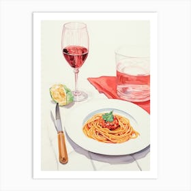 Watercolor Of Spaghetti And Wine Art Print