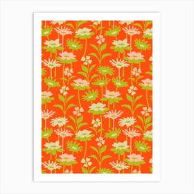 GARDEN MEADOW Floral Botanical Flowers Wildflowers in Summer Green Blush on Coral Orange Art Print