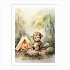 Monkey Painting Camping Watercolour 2 Art Print