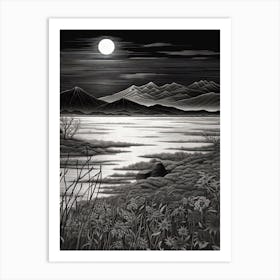 Lake Biwa In Shiga, Ukiyo E Black And White Line Art Drawing 3 Art Print