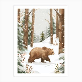 Sloth Bear Walking Through A Snow Covered Forest Storybook Illustration 4 Art Print