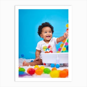 A Joyful Infant Engaging In Playful Interactions Surrounded By A Plethora Of Vivid Scattered Colo Art Print